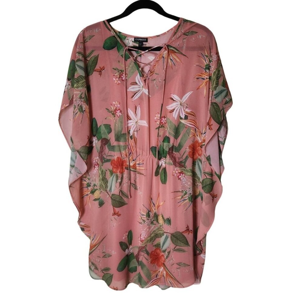 EXPRESS Tropical Mini Dress Sz S Coral Palm Kaftan Sheer Lined Vacation Resort